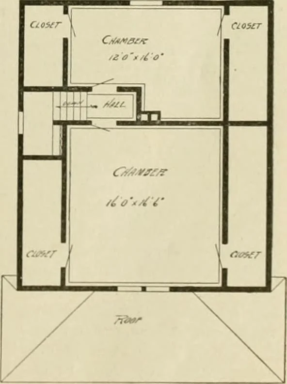 An illustration from Guaranteed building plans with interior views and details : a standard collection of new, original and artistic designs of cottages, bungalows, residences and flats of frame, brick, cement, plaster, concrete blocks, hollow tile, stucco, etc. and farm buildings of all descriptions together with interior and exterior details and interior views arranged and described by William A. Radford., 1915, leaf 74