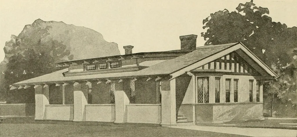 An illustration from Guaranteed building plans with interior views and details : a standard collection of new, original and artistic designs of cottages, bungalows, residences and flats of frame, brick, cement, plaster, concrete blocks, hollow tile, stucco, etc. and farm buildings of all descriptions together with interior and exterior details and interior views arranged and described by William A. Radford., 1915, leaf 75