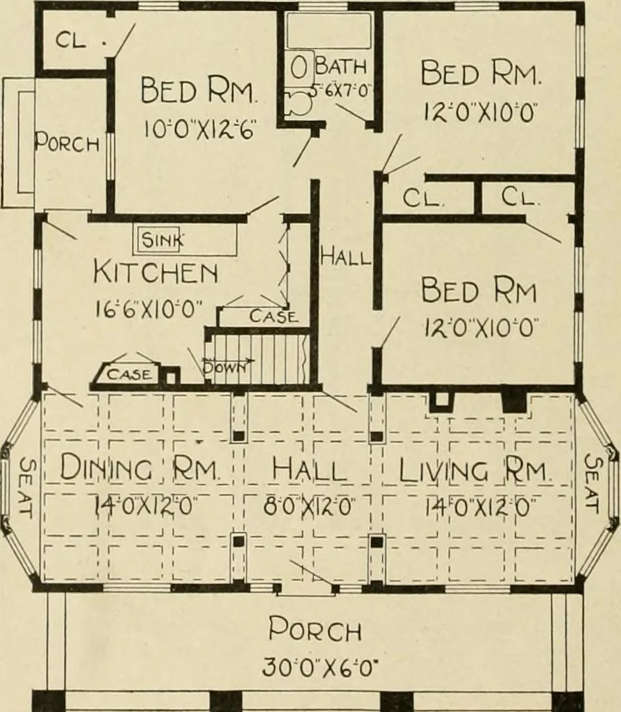 An illustration from Guaranteed building plans with interior views and details : a standard collection of new, original and artistic designs of cottages, bungalows, residences and flats of frame, brick, cement, plaster, concrete blocks, hollow tile, stucco, etc. and farm buildings of all descriptions together with interior and exterior details and interior views arranged and described by William A. Radford., 1915, leaf 75