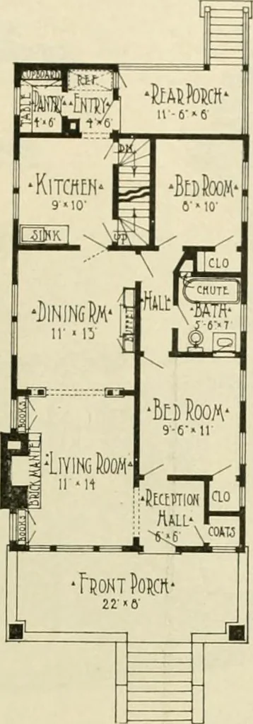 An illustration from Guaranteed building plans with interior views and details : a standard collection of new, original and artistic designs of cottages, bungalows, residences and flats of frame, brick, cement, plaster, concrete blocks, hollow tile, stucco, etc. and farm buildings of all descriptions together with interior and exterior details and interior views arranged and described by William A. Radford., 1915, leaf 76