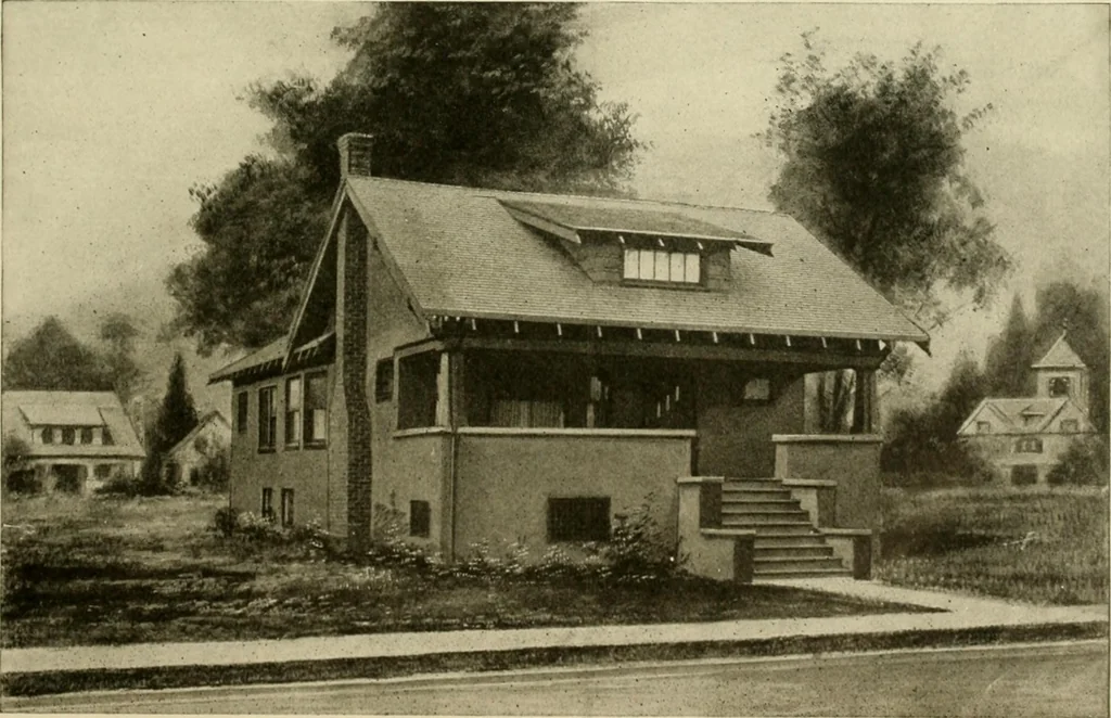 An illustration from Guaranteed building plans with interior views and details : a standard collection of new, original and artistic designs of cottages, bungalows, residences and flats of frame, brick, cement, plaster, concrete blocks, hollow tile, stucco, etc. and farm buildings of all descriptions together with interior and exterior details and interior views arranged and described by William A. Radford., 1915, leaf 76