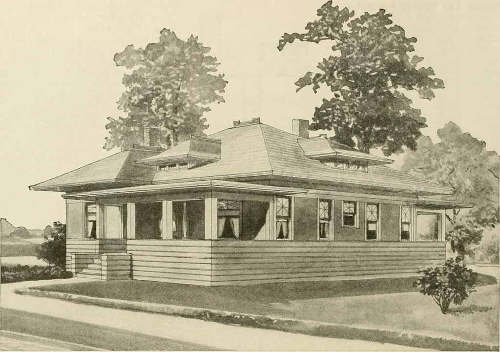 An illustration from Guaranteed building plans with interior views and details : a standard collection of new, original and artistic designs of cottages, bungalows, residences and flats of frame, brick, cement, plaster, concrete blocks, hollow tile, stucco, etc. and farm buildings of all descriptions together with interior and exterior details and interior views arranged and described by William A. Radford., 1915, leaf 77