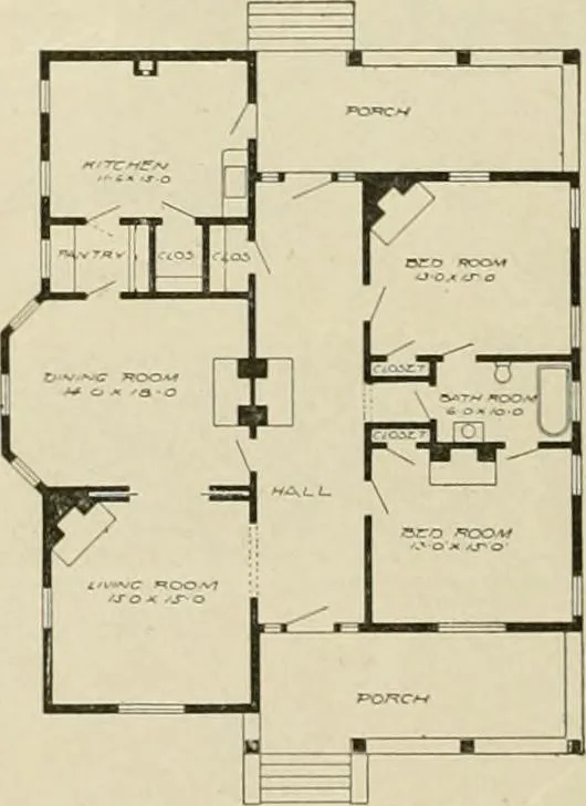 An illustration from Guaranteed building plans with interior views and details : a standard collection of new, original and artistic designs of cottages, bungalows, residences and flats of frame, brick, cement, plaster, concrete blocks, hollow tile, stucco, etc. and farm buildings of all descriptions together with interior and exterior details and interior views arranged and described by William A. Radford., 1915, leaf 77