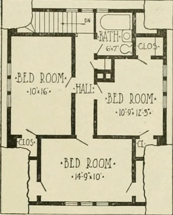An illustration from Guaranteed building plans with interior views and details : a standard collection of new, original and artistic designs of cottages, bungalows, residences and flats of frame, brick, cement, plaster, concrete blocks, hollow tile, stucco, etc. and farm buildings of all descriptions together with interior and exterior details and interior views arranged and described by William A. Radford., 1915, leaf 78