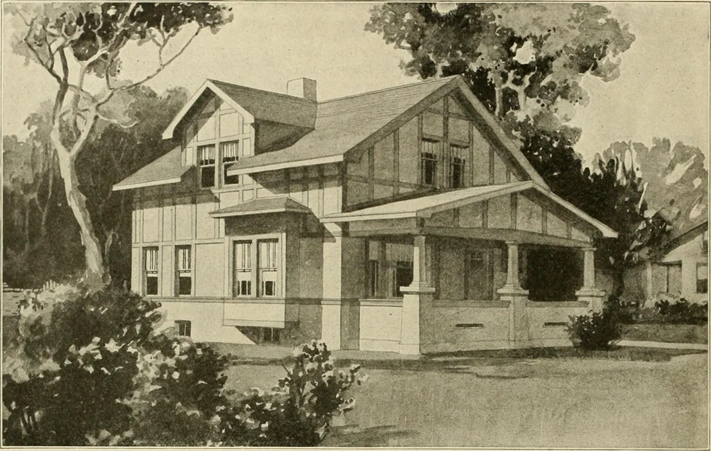 An illustration from Guaranteed building plans with interior views and details : a standard collection of new, original and artistic designs of cottages, bungalows, residences and flats of frame, brick, cement, plaster, concrete blocks, hollow tile, stucco, etc. and farm buildings of all descriptions together with interior and exterior details and interior views arranged and described by William A. Radford., 1915, leaf 79