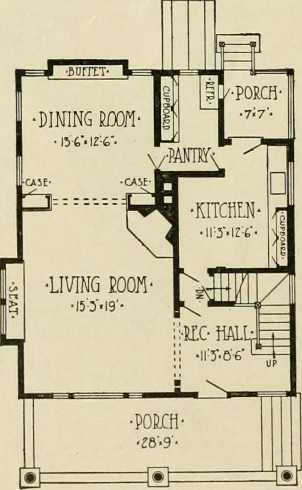 An illustration from Guaranteed building plans with interior views and details : a standard collection of new, original and artistic designs of cottages, bungalows, residences and flats of frame, brick, cement, plaster, concrete blocks, hollow tile, stucco, etc. and farm buildings of all descriptions together with interior and exterior details and interior views arranged and described by William A. Radford., 1915, leaf 79