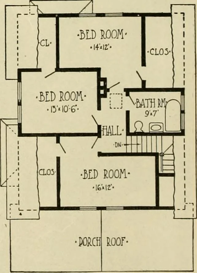 An illustration from Guaranteed building plans with interior views and details : a standard collection of new, original and artistic designs of cottages, bungalows, residences and flats of frame, brick, cement, plaster, concrete blocks, hollow tile, stucco, etc. and farm buildings of all descriptions together with interior and exterior details and interior views arranged and described by William A. Radford., 1915, leaf 79