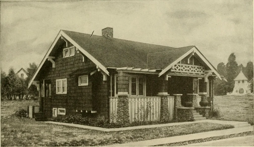An illustration from Guaranteed building plans with interior views and details : a standard collection of new, original and artistic designs of cottages, bungalows, residences and flats of frame, brick, cement, plaster, concrete blocks, hollow tile, stucco, etc. and farm buildings of all descriptions together with interior and exterior details and interior views arranged and described by William A. Radford., 1915, leaf 8