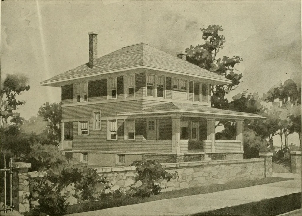 An illustration from Guaranteed building plans with interior views and details : a standard collection of new, original and artistic designs of cottages, bungalows, residences and flats of frame, brick, cement, plaster, concrete blocks, hollow tile, stucco, etc. and farm buildings of all descriptions together with interior and exterior details and interior views arranged and described by William A. Radford., 1915, leaf 80