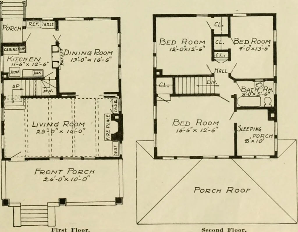 An illustration from Guaranteed building plans with interior views and details : a standard collection of new, original and artistic designs of cottages, bungalows, residences and flats of frame, brick, cement, plaster, concrete blocks, hollow tile, stucco, etc. and farm buildings of all descriptions together with interior and exterior details and interior views arranged and described by William A. Radford., 1915, leaf 80