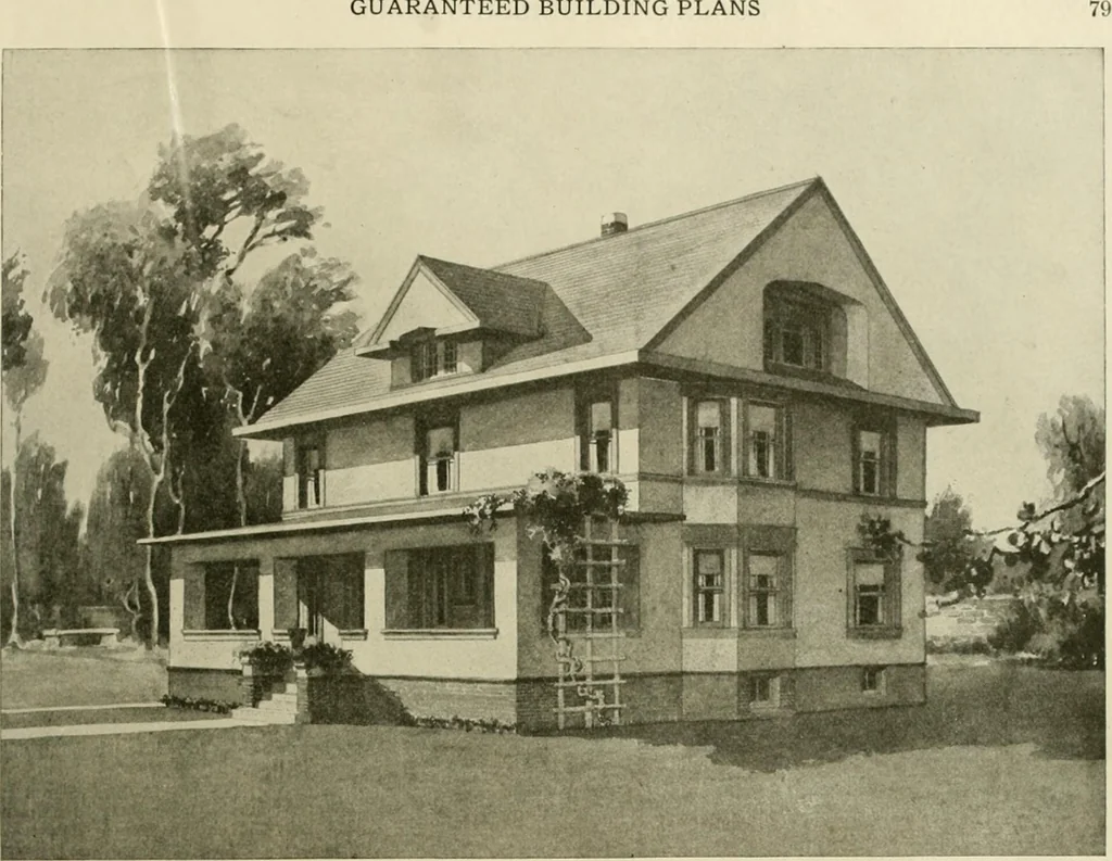 An illustration from Guaranteed building plans with interior views and details : a standard collection of new, original and artistic designs of cottages, bungalows, residences and flats of frame, brick, cement, plaster, concrete blocks, hollow tile, stucco, etc. and farm buildings of all descriptions together with interior and exterior details and interior views arranged and described by William A. Radford., 1915, leaf 82