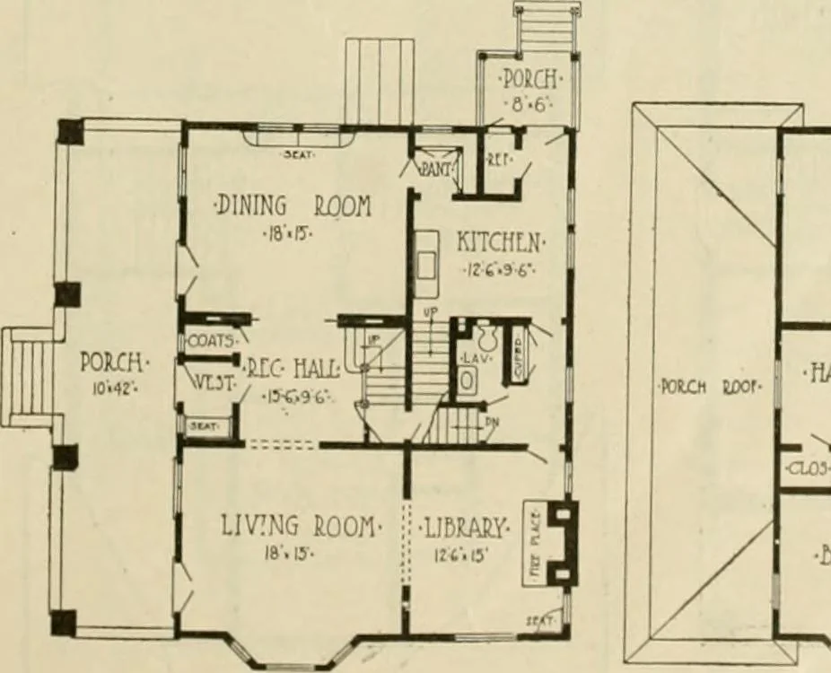 An illustration from Guaranteed building plans with interior views and details : a standard collection of new, original and artistic designs of cottages, bungalows, residences and flats of frame, brick, cement, plaster, concrete blocks, hollow tile, stucco, etc. and farm buildings of all descriptions together with interior and exterior details and interior views arranged and described by William A. Radford., 1915, leaf 82
