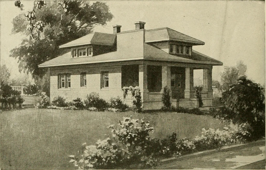 An illustration from Guaranteed building plans with interior views and details : a standard collection of new, original and artistic designs of cottages, bungalows, residences and flats of frame, brick, cement, plaster, concrete blocks, hollow tile, stucco, etc. and farm buildings of all descriptions together with interior and exterior details and interior views arranged and described by William A. Radford., 1915, leaf 83