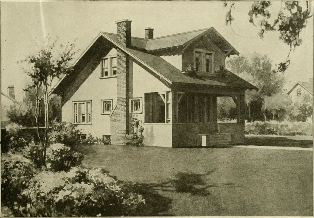 An illustration from Guaranteed building plans with interior views and details : a standard collection of new, original and artistic designs of cottages, bungalows, residences and flats of frame, brick, cement, plaster, concrete blocks, hollow tile, stucco, etc. and farm buildings of all descriptions together with interior and exterior details and interior views arranged and described by William A. Radford., 1915, leaf 84