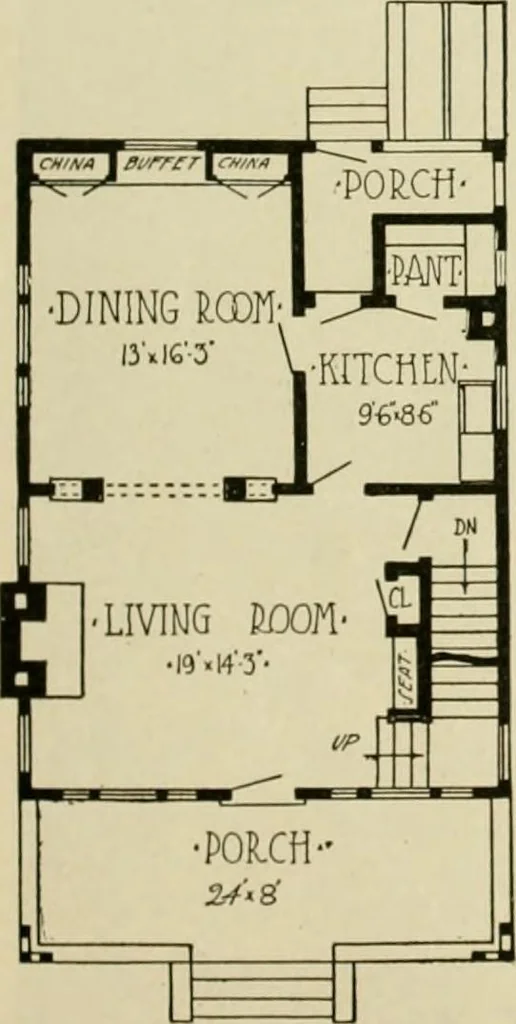 An illustration from Guaranteed building plans with interior views and details : a standard collection of new, original and artistic designs of cottages, bungalows, residences and flats of frame, brick, cement, plaster, concrete blocks, hollow tile, stucco, etc. and farm buildings of all descriptions together with interior and exterior details and interior views arranged and described by William A. Radford., 1915, leaf 84