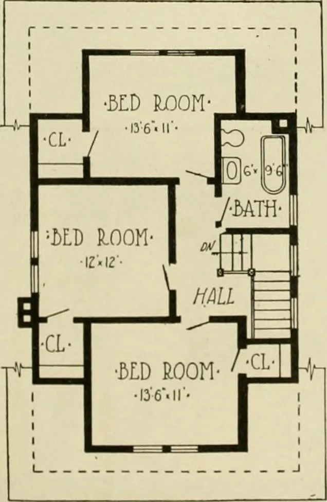 An illustration from Guaranteed building plans with interior views and details : a standard collection of new, original and artistic designs of cottages, bungalows, residences and flats of frame, brick, cement, plaster, concrete blocks, hollow tile, stucco, etc. and farm buildings of all descriptions together with interior and exterior details and interior views arranged and described by William A. Radford., 1915, leaf 84