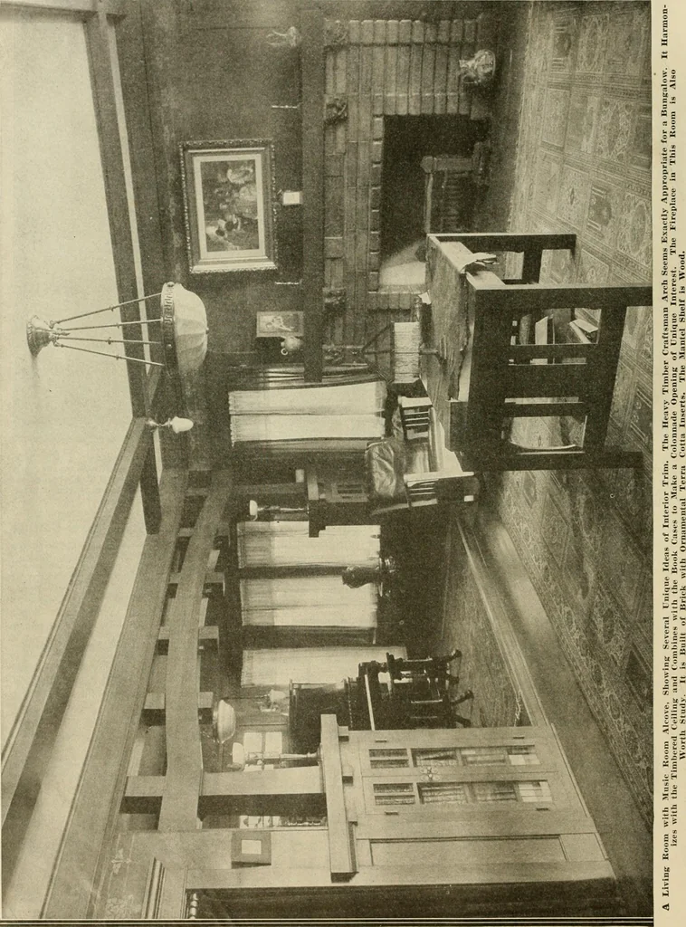 An illustration from Guaranteed building plans with interior views and details : a standard collection of new, original and artistic designs of cottages, bungalows, residences and flats of frame, brick, cement, plaster, concrete blocks, hollow tile, stucco, etc. and farm buildings of all descriptions together with interior and exterior details and interior views arranged and described by William A. Radford., 1915, leaf 85