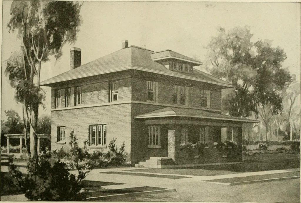 An illustration from Guaranteed building plans with interior views and details : a standard collection of new, original and artistic designs of cottages, bungalows, residences and flats of frame, brick, cement, plaster, concrete blocks, hollow tile, stucco, etc. and farm buildings of all descriptions together with interior and exterior details and interior views arranged and described by William A. Radford., 1915, leaf 86