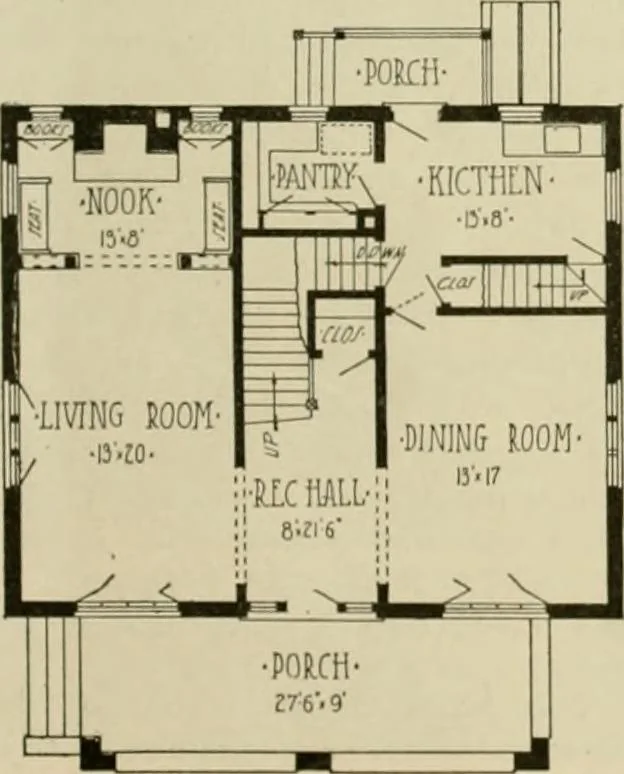 An illustration from Guaranteed building plans with interior views and details : a standard collection of new, original and artistic designs of cottages, bungalows, residences and flats of frame, brick, cement, plaster, concrete blocks, hollow tile, stucco, etc. and farm buildings of all descriptions together with interior and exterior details and interior views arranged and described by William A. Radford., 1915, leaf 86