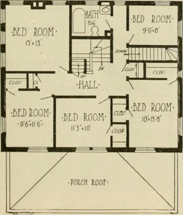 An illustration from Guaranteed building plans with interior views and details : a standard collection of new, original and artistic designs of cottages, bungalows, residences and flats of frame, brick, cement, plaster, concrete blocks, hollow tile, stucco, etc. and farm buildings of all descriptions together with interior and exterior details and interior views arranged and described by William A. Radford., 1915, leaf 86