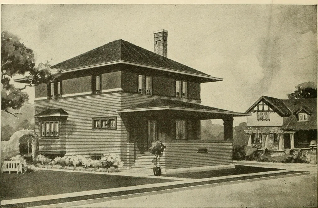 An illustration from Guaranteed building plans with interior views and details : a standard collection of new, original and artistic designs of cottages, bungalows, residences and flats of frame, brick, cement, plaster, concrete blocks, hollow tile, stucco, etc. and farm buildings of all descriptions together with interior and exterior details and interior views arranged and described by William A. Radford., 1915, leaf 87
