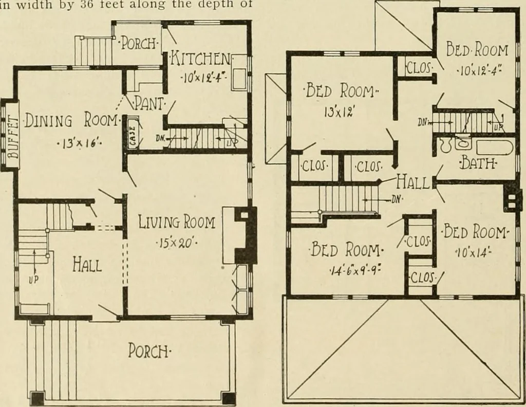 An illustration from Guaranteed building plans with interior views and details : a standard collection of new, original and artistic designs of cottages, bungalows, residences and flats of frame, brick, cement, plaster, concrete blocks, hollow tile, stucco, etc. and farm buildings of all descriptions together with interior and exterior details and interior views arranged and described by William A. Radford., 1915, leaf 87