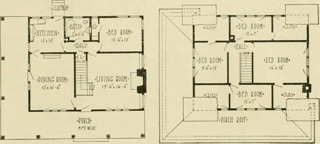 An illustration from Guaranteed building plans with interior views and details : a standard collection of new, original and artistic designs of cottages, bungalows, residences and flats of frame, brick, cement, plaster, concrete blocks, hollow tile, stucco, etc. and farm buildings of all descriptions together with interior and exterior details and interior views arranged and described by William A. Radford., 1915, leaf 88