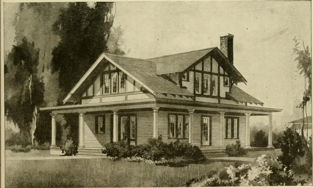An illustration from Guaranteed building plans with interior views and details : a standard collection of new, original and artistic designs of cottages, bungalows, residences and flats of frame, brick, cement, plaster, concrete blocks, hollow tile, stucco, etc. and farm buildings of all descriptions together with interior and exterior details and interior views arranged and described by William A. Radford., 1915, leaf 88