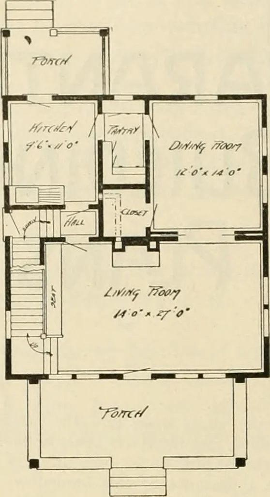 An illustration from Guaranteed building plans with interior views and details : a standard collection of new, original and artistic designs of cottages, bungalows, residences and flats of frame, brick, cement, plaster, concrete blocks, hollow tile, stucco, etc. and farm buildings of all descriptions together with interior and exterior details and interior views arranged and described by William A. Radford., 1915, leaf 9