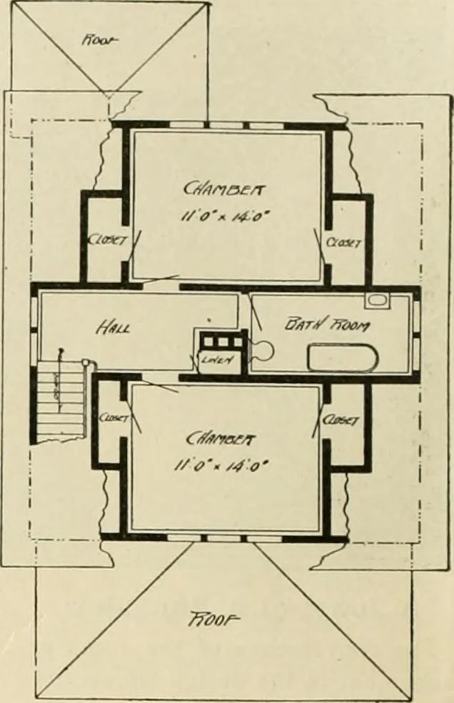 An illustration from Guaranteed building plans with interior views and details : a standard collection of new, original and artistic designs of cottages, bungalows, residences and flats of frame, brick, cement, plaster, concrete blocks, hollow tile, stucco, etc. and farm buildings of all descriptions together with interior and exterior details and interior views arranged and described by William A. Radford., 1915, leaf 9