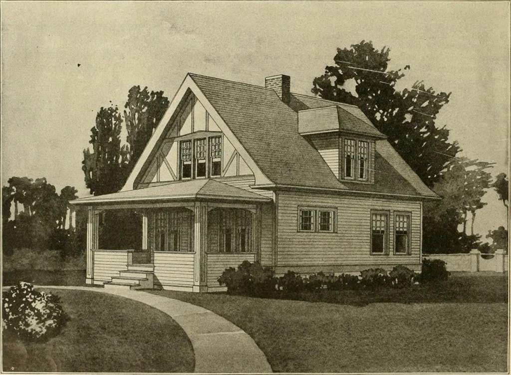 An illustration from Guaranteed building plans with interior views and details : a standard collection of new, original and artistic designs of cottages, bungalows, residences and flats of frame, brick, cement, plaster, concrete blocks, hollow tile, stucco, etc. and farm buildings of all descriptions together with interior and exterior details and interior views arranged and described by William A. Radford., 1915, leaf 9