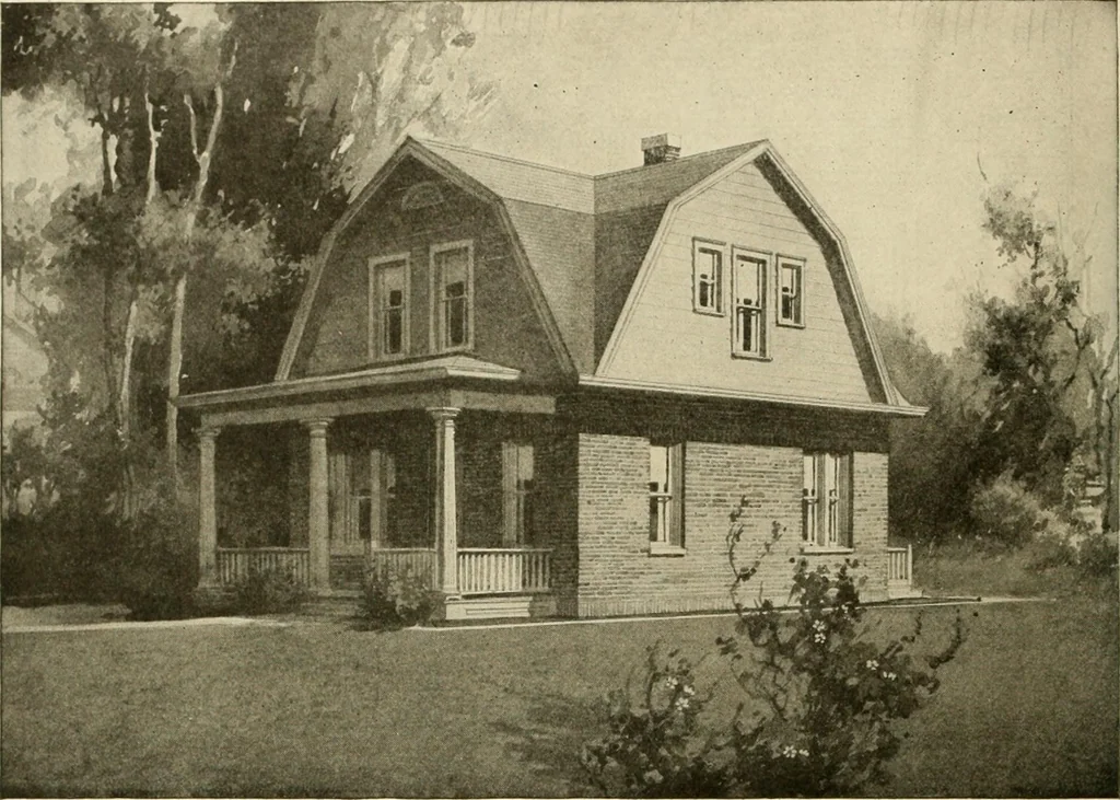 An illustration from Guaranteed building plans with interior views and details : a standard collection of new, original and artistic designs of cottages, bungalows, residences and flats of frame, brick, cement, plaster, concrete blocks, hollow tile, stucco, etc. and farm buildings of all descriptions together with interior and exterior details and interior views arranged and described by William A. Radford., 1915, leaf 91