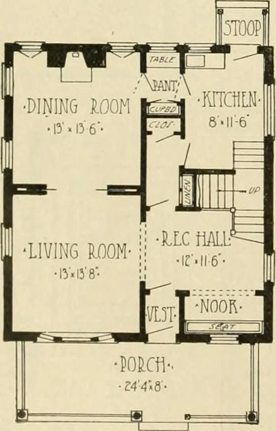 An illustration from Guaranteed building plans with interior views and details : a standard collection of new, original and artistic designs of cottages, bungalows, residences and flats of frame, brick, cement, plaster, concrete blocks, hollow tile, stucco, etc. and farm buildings of all descriptions together with interior and exterior details and interior views arranged and described by William A. Radford., 1915, leaf 91