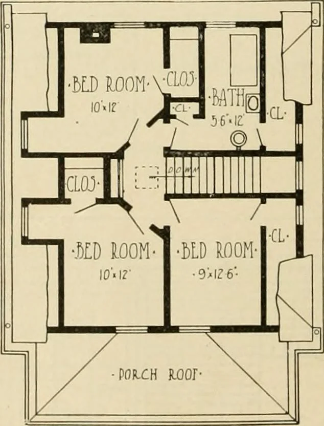 An illustration from Guaranteed building plans with interior views and details : a standard collection of new, original and artistic designs of cottages, bungalows, residences and flats of frame, brick, cement, plaster, concrete blocks, hollow tile, stucco, etc. and farm buildings of all descriptions together with interior and exterior details and interior views arranged and described by William A. Radford., 1915, leaf 91