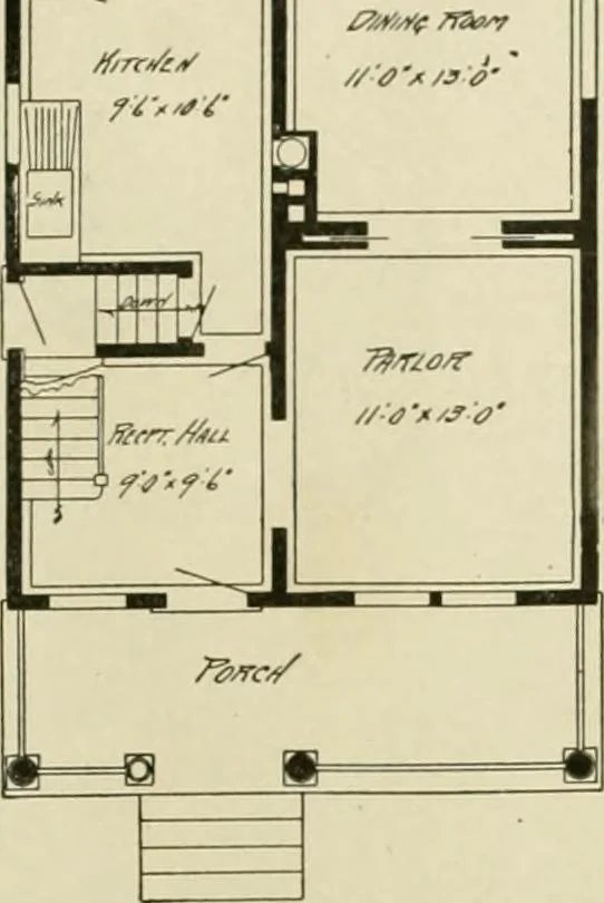 An illustration from Guaranteed building plans with interior views and details : a standard collection of new, original and artistic designs of cottages, bungalows, residences and flats of frame, brick, cement, plaster, concrete blocks, hollow tile, stucco, etc. and farm buildings of all descriptions together with interior and exterior details and interior views arranged and described by William A. Radford., 1915, leaf 92