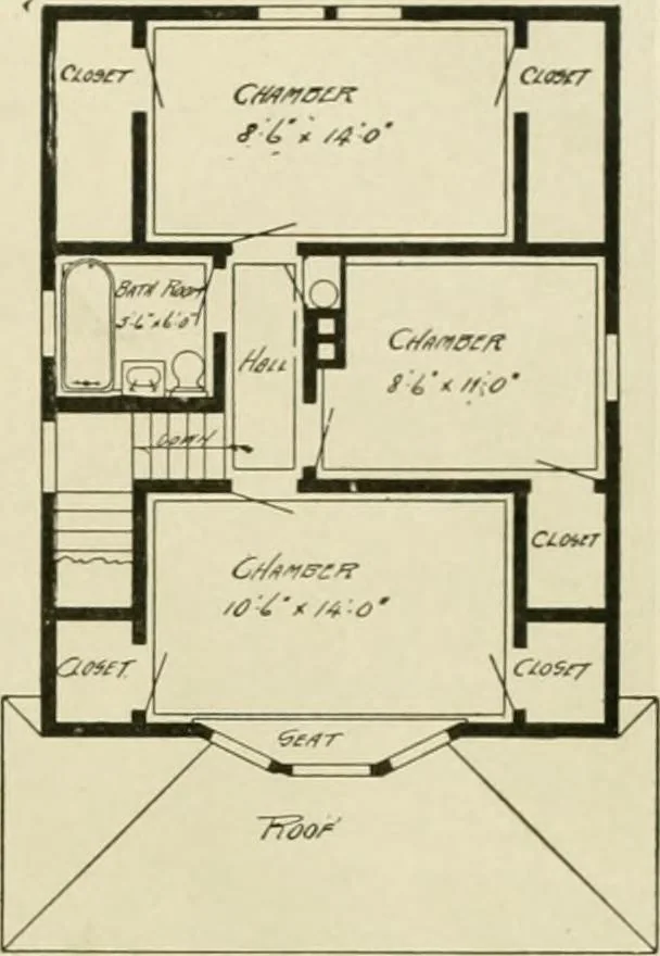 An illustration from Guaranteed building plans with interior views and details : a standard collection of new, original and artistic designs of cottages, bungalows, residences and flats of frame, brick, cement, plaster, concrete blocks, hollow tile, stucco, etc. and farm buildings of all descriptions together with interior and exterior details and interior views arranged and described by William A. Radford., 1915, leaf 92