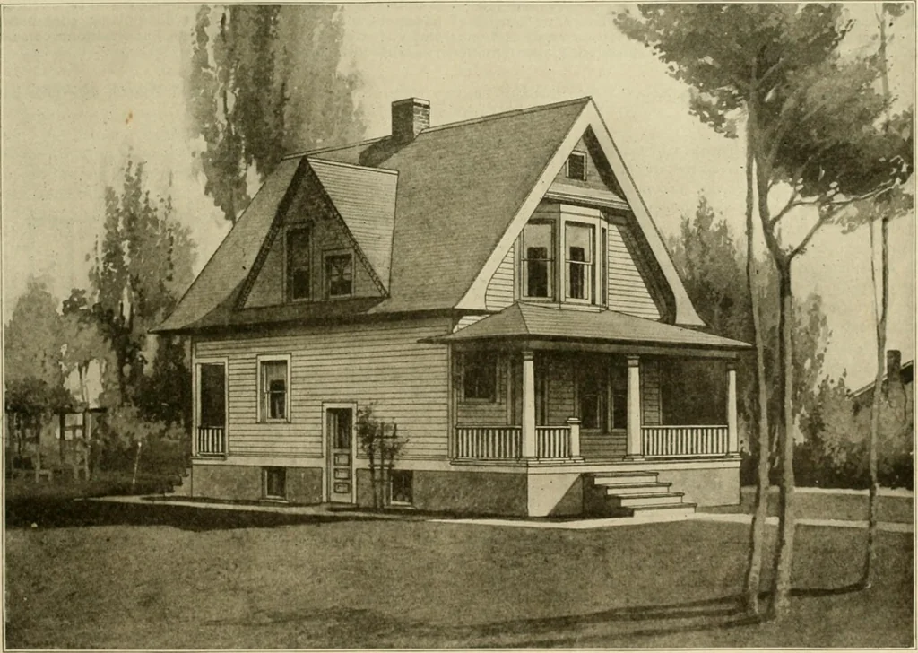 An illustration from Guaranteed building plans with interior views and details : a standard collection of new, original and artistic designs of cottages, bungalows, residences and flats of frame, brick, cement, plaster, concrete blocks, hollow tile, stucco, etc. and farm buildings of all descriptions together with interior and exterior details and interior views arranged and described by William A. Radford., 1915, leaf 92