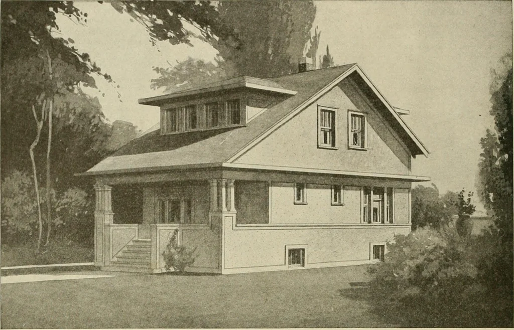 An illustration from Guaranteed building plans with interior views and details : a standard collection of new, original and artistic designs of cottages, bungalows, residences and flats of frame, brick, cement, plaster, concrete blocks, hollow tile, stucco, etc. and farm buildings of all descriptions together with interior and exterior details and interior views arranged and described by William A. Radford., 1915, leaf 93