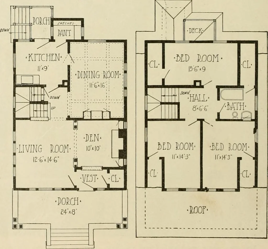 An illustration from Guaranteed building plans with interior views and details : a standard collection of new, original and artistic designs of cottages, bungalows, residences and flats of frame, brick, cement, plaster, concrete blocks, hollow tile, stucco, etc. and farm buildings of all descriptions together with interior and exterior details and interior views arranged and described by William A. Radford., 1915, leaf 93