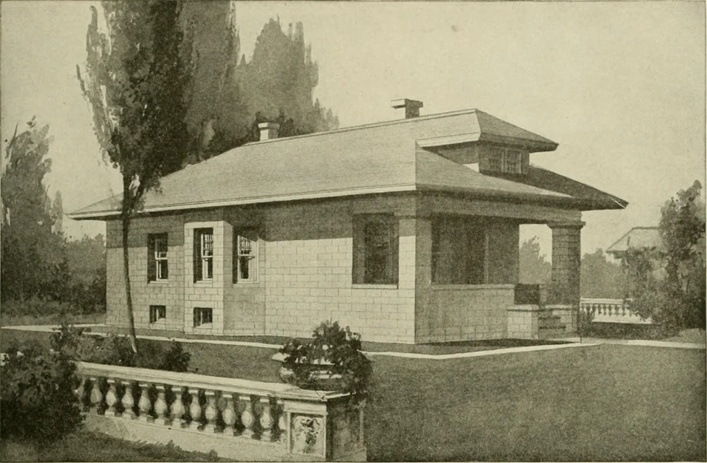 An illustration from Guaranteed building plans with interior views and details : a standard collection of new, original and artistic designs of cottages, bungalows, residences and flats of frame, brick, cement, plaster, concrete blocks, hollow tile, stucco, etc. and farm buildings of all descriptions together with interior and exterior details and interior views arranged and described by William A. Radford., 1915, leaf 94