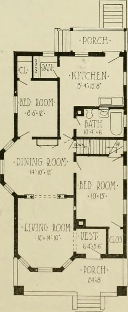 An illustration from Guaranteed building plans with interior views and details : a standard collection of new, original and artistic designs of cottages, bungalows, residences and flats of frame, brick, cement, plaster, concrete blocks, hollow tile, stucco, etc. and farm buildings of all descriptions together with interior and exterior details and interior views arranged and described by William A. Radford., 1915, leaf 94