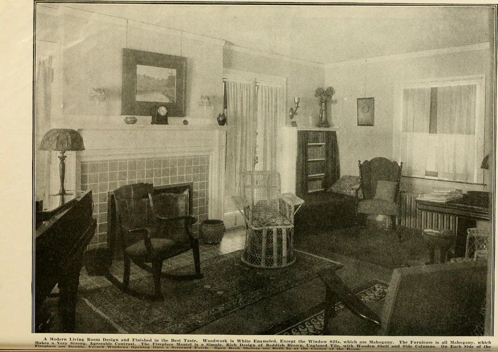 An illustration from Guaranteed building plans with interior views and details : a standard collection of new, original and artistic designs of cottages, bungalows, residences and flats of frame, brick, cement, plaster, concrete blocks, hollow tile, stucco, etc. and farm buildings of all descriptions together with interior and exterior details and interior views arranged and described by William A. Radford., 1915, leaf 95