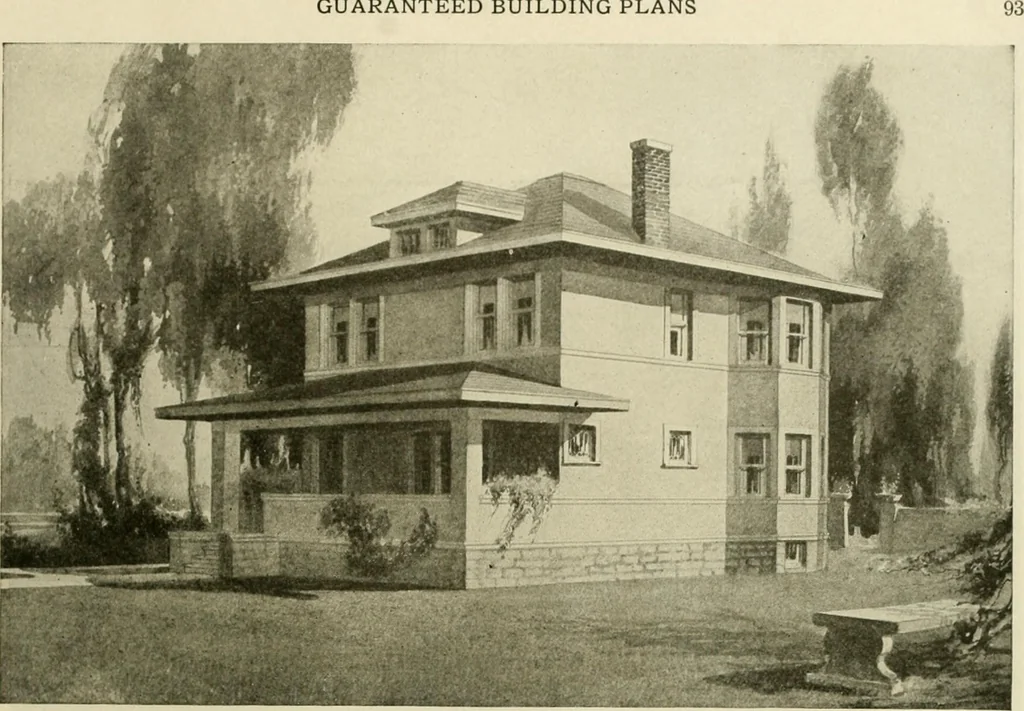 An illustration from Guaranteed building plans with interior views and details : a standard collection of new, original and artistic designs of cottages, bungalows, residences and flats of frame, brick, cement, plaster, concrete blocks, hollow tile, stucco, etc. and farm buildings of all descriptions together with interior and exterior details and interior views arranged and described by William A. Radford., 1915, leaf 96