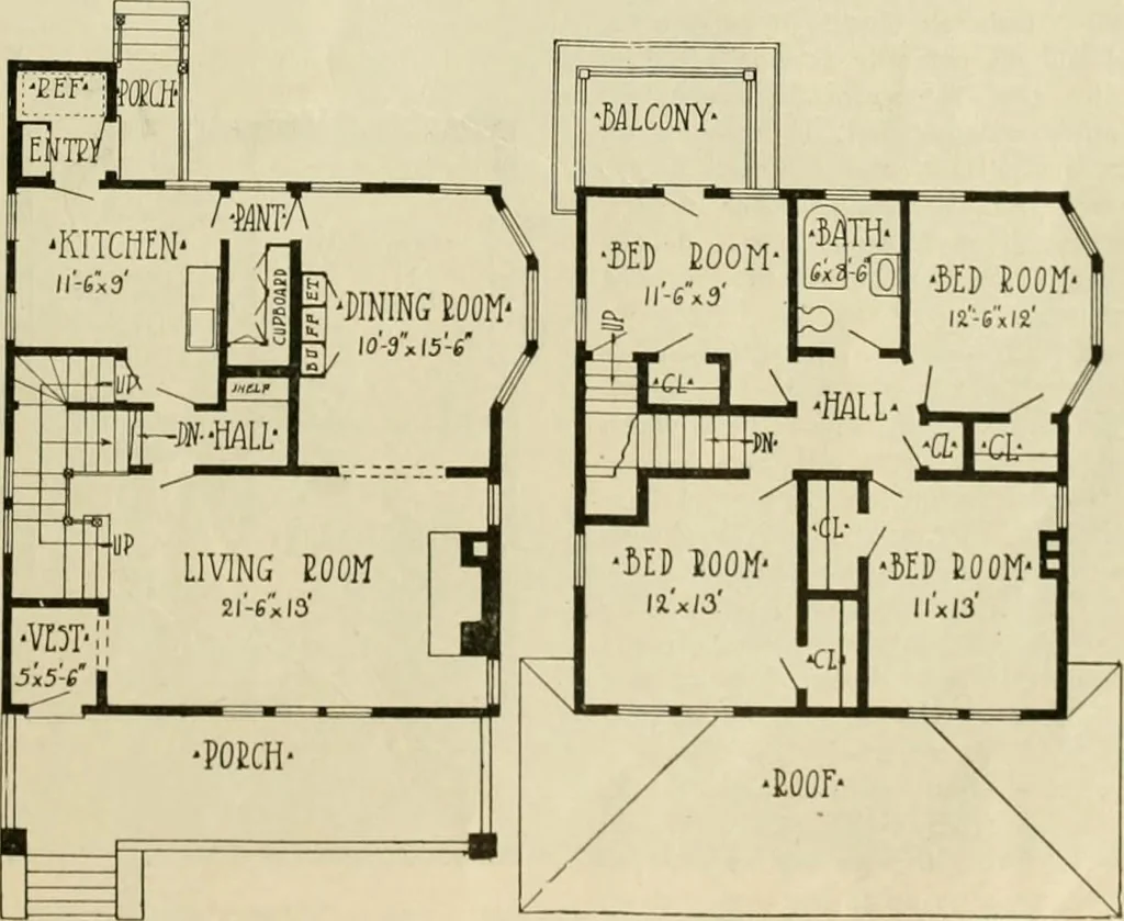 An illustration from Guaranteed building plans with interior views and details : a standard collection of new, original and artistic designs of cottages, bungalows, residences and flats of frame, brick, cement, plaster, concrete blocks, hollow tile, stucco, etc. and farm buildings of all descriptions together with interior and exterior details and interior views arranged and described by William A. Radford., 1915, leaf 96