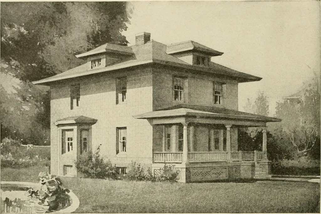 An illustration from Guaranteed building plans with interior views and details : a standard collection of new, original and artistic designs of cottages, bungalows, residences and flats of frame, brick, cement, plaster, concrete blocks, hollow tile, stucco, etc. and farm buildings of all descriptions together with interior and exterior details and interior views arranged and described by William A. Radford., 1915, leaf 97