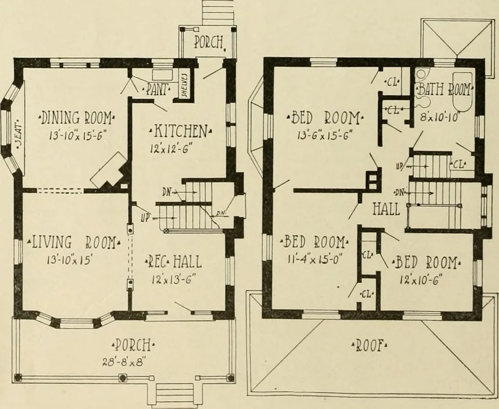 An illustration from Guaranteed building plans with interior views and details : a standard collection of new, original and artistic designs of cottages, bungalows, residences and flats of frame, brick, cement, plaster, concrete blocks, hollow tile, stucco, etc. and farm buildings of all descriptions together with interior and exterior details and interior views arranged and described by William A. Radford., 1915, leaf 97