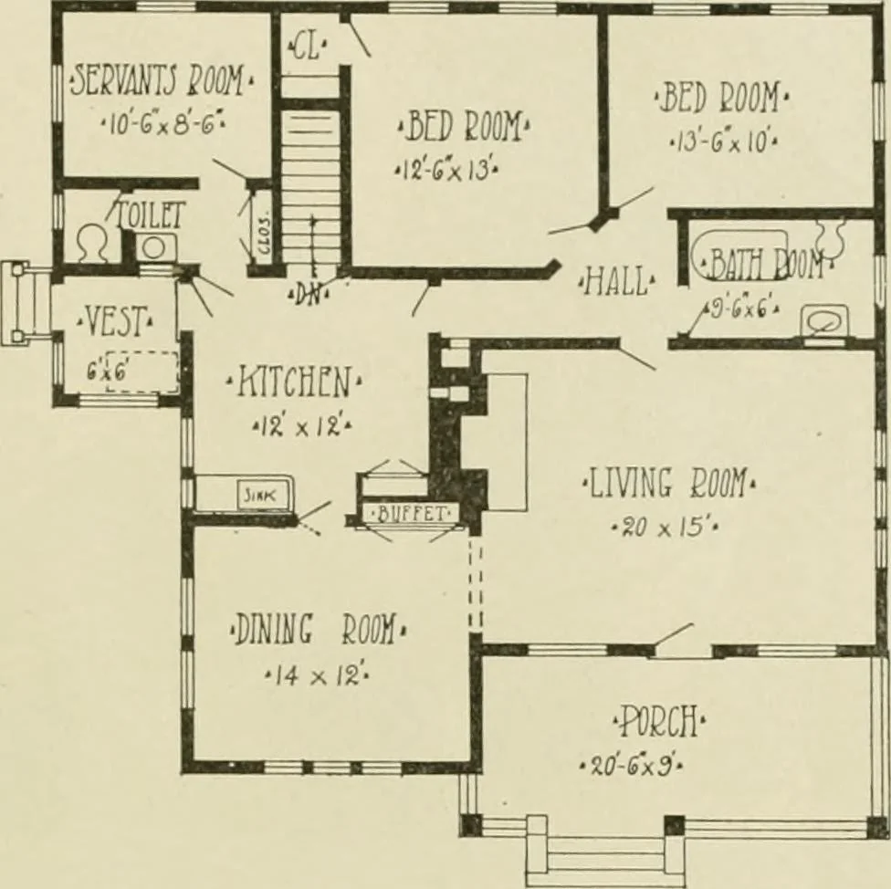 An illustration from Guaranteed building plans with interior views and details : a standard collection of new, original and artistic designs of cottages, bungalows, residences and flats of frame, brick, cement, plaster, concrete blocks, hollow tile, stucco, etc. and farm buildings of all descriptions together with interior and exterior details and interior views arranged and described by William A. Radford., 1915, leaf 98