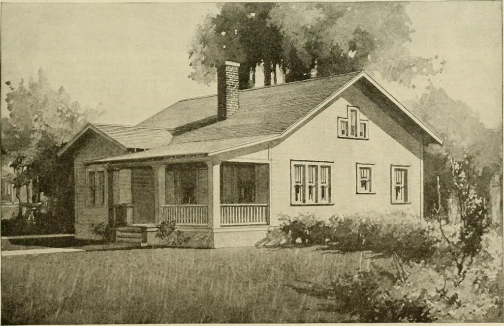 An illustration from Guaranteed building plans with interior views and details : a standard collection of new, original and artistic designs of cottages, bungalows, residences and flats of frame, brick, cement, plaster, concrete blocks, hollow tile, stucco, etc. and farm buildings of all descriptions together with interior and exterior details and interior views arranged and described by William A. Radford., 1915, leaf 98