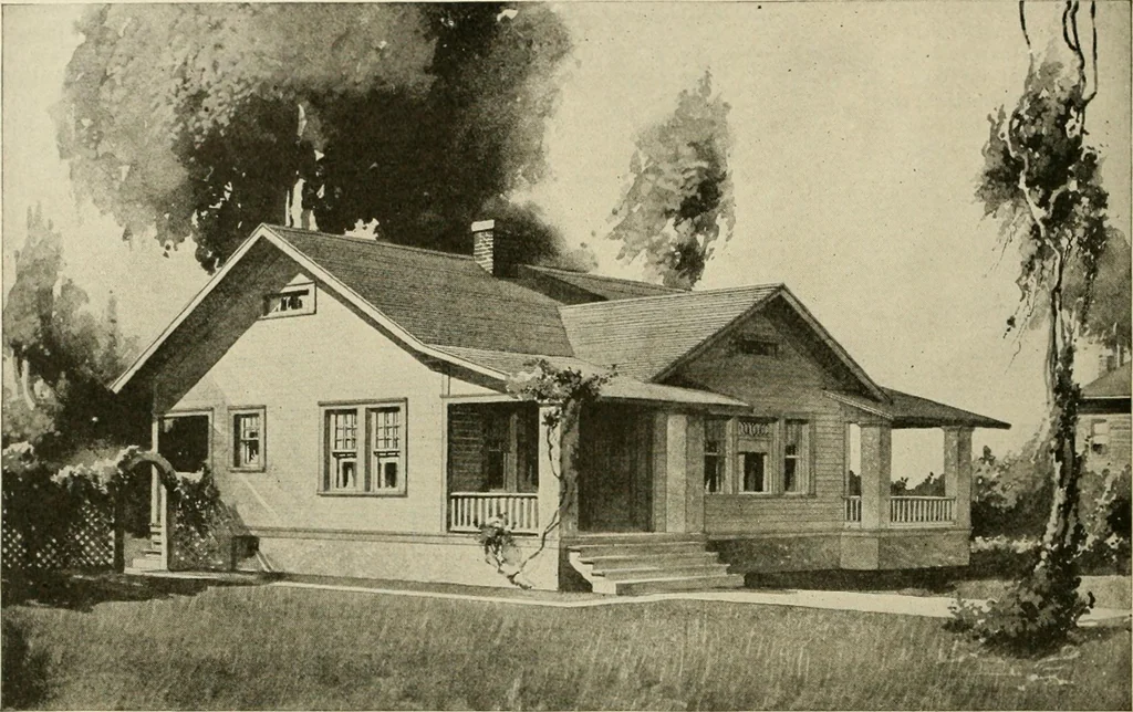 An illustration from Guaranteed building plans with interior views and details : a standard collection of new, original and artistic designs of cottages, bungalows, residences and flats of frame, brick, cement, plaster, concrete blocks, hollow tile, stucco, etc. and farm buildings of all descriptions together with interior and exterior details and interior views arranged and described by William A. Radford., 1915, leaf 99