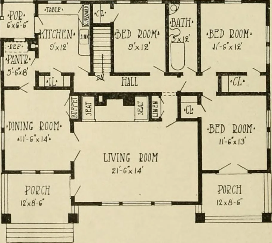 An illustration from Guaranteed building plans with interior views and details : a standard collection of new, original and artistic designs of cottages, bungalows, residences and flats of frame, brick, cement, plaster, concrete blocks, hollow tile, stucco, etc. and farm buildings of all descriptions together with interior and exterior details and interior views arranged and described by William A. Radford., 1915, leaf 99